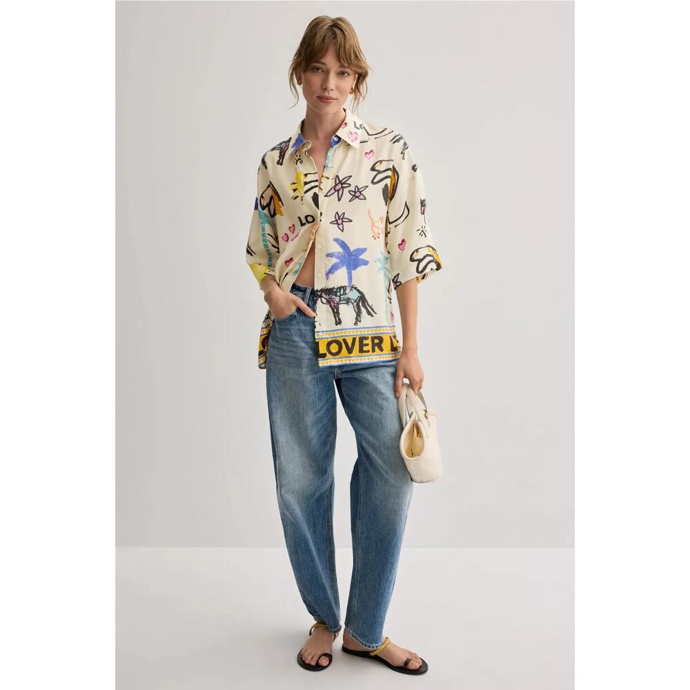 Romy Cream Graphic Print Button-Up Blouse with Yellow & Blue Accents